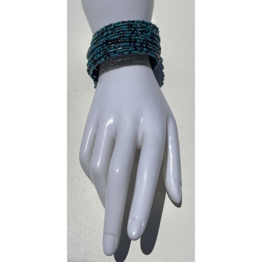Vintage Seed Bead Wrap Crossover Cuff Native Style Bracelet Blue Women’s Sz 7